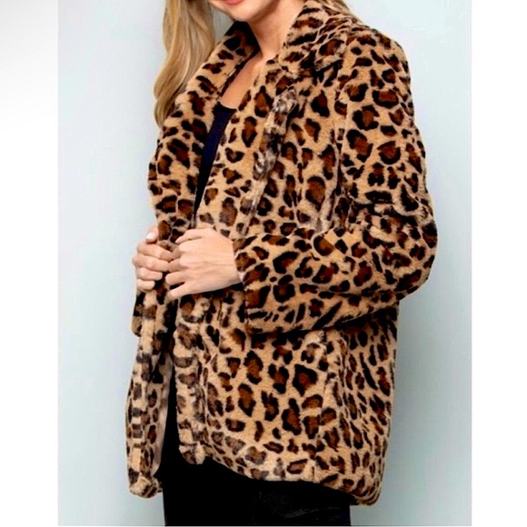 Faux Fur Fully Lined Leopard Print Coat w Notched Collar & Hand Pockets XL - Picture 2 of 9